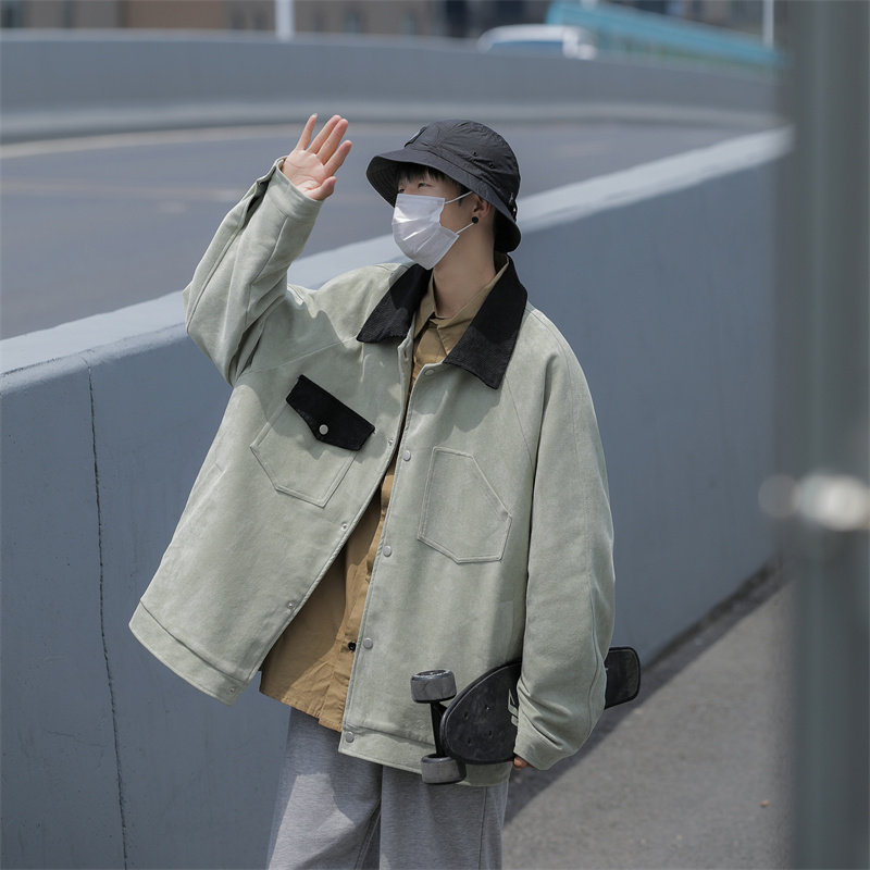春装鹿皮绒休闲夹克男翻领撞色工装外套JK86P85,男装夹克,电商C323