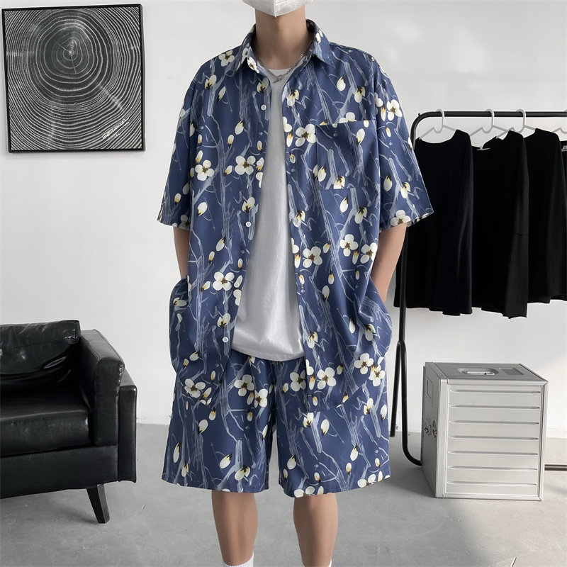 夏装原创花朵印花短裤短袖衬衫休闲套装沙滩裤两件套TZ27P60,男装牛仔裤,电商C323