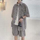 夏装格子短裤格子短袖衬衫休闲套装沙滩裤两件套TZ25P60，男装牛仔裤，电商C323