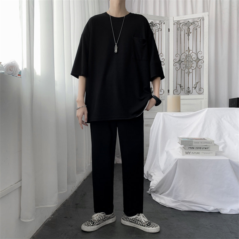 夏装圆领短袖t恤九分裤冰丝套装男大码休闲套装TZ28P65浅灰色,男装T恤,电商C323