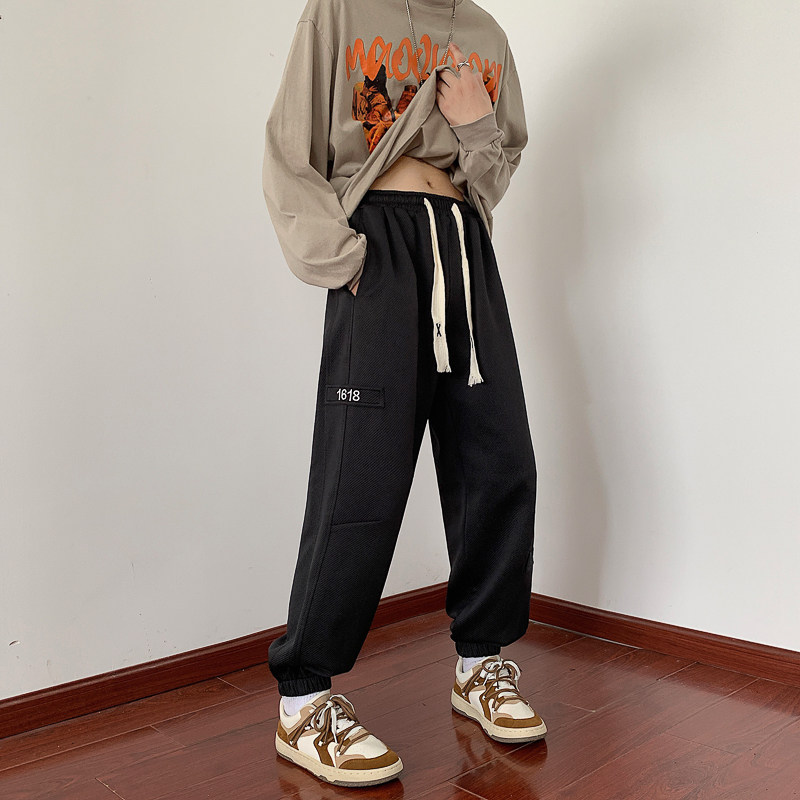 2025秋装刺绣休闲裤男宽松收脚卫裤运动裤AK37P55黑，男装休闲裤，电商C323