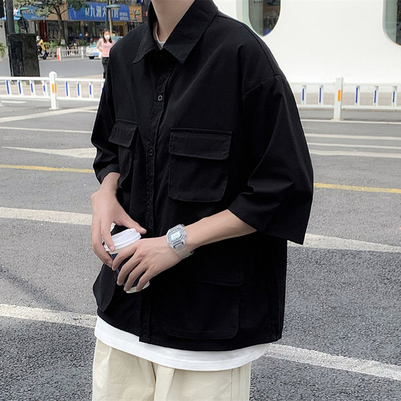夏季多口袋工装短袖衬衫男宽松休闲衬衣C300P40,男装T恤,电商C323