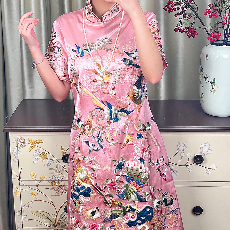 新中式夏季短袖刺绣短袖连衣裙女