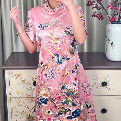 新中式夏季短袖刺绣短袖连衣裙女