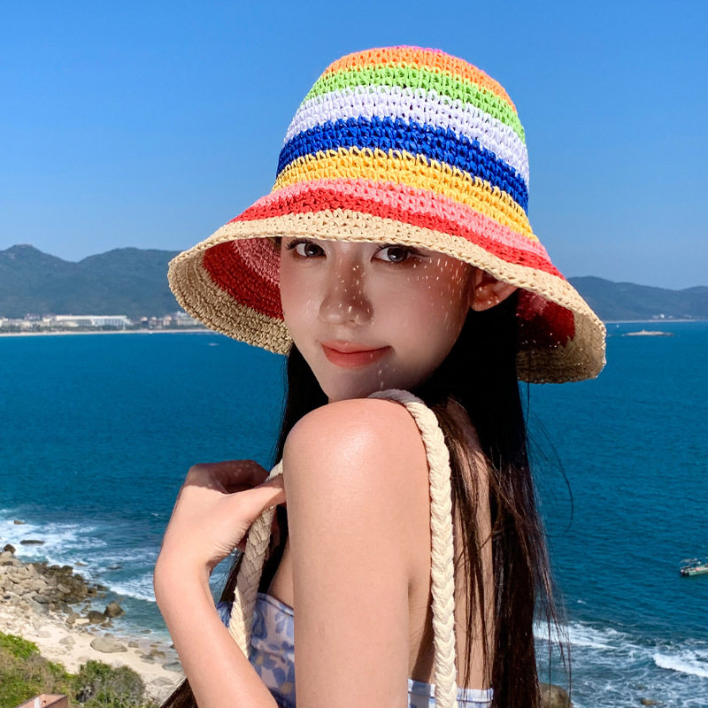 夏天遮阳防晒帽子女款彩色多巴胺卷边水桶帽镂空透气盆帽百搭草帽