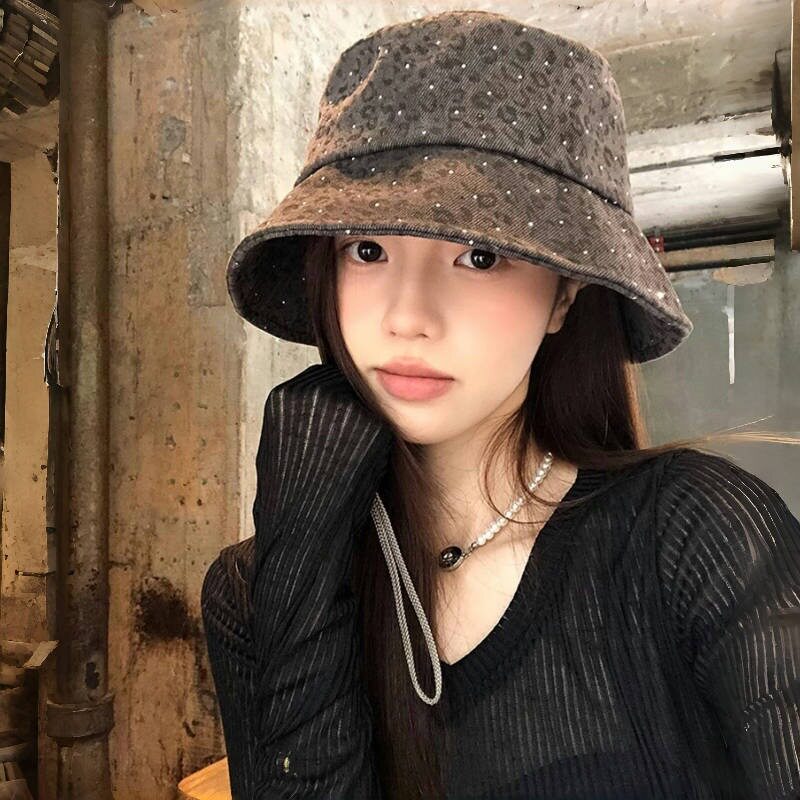 日系大头围小众亮片豹纹渔夫帽女春夏季百搭素颜盆帽显脸小水桶帽
