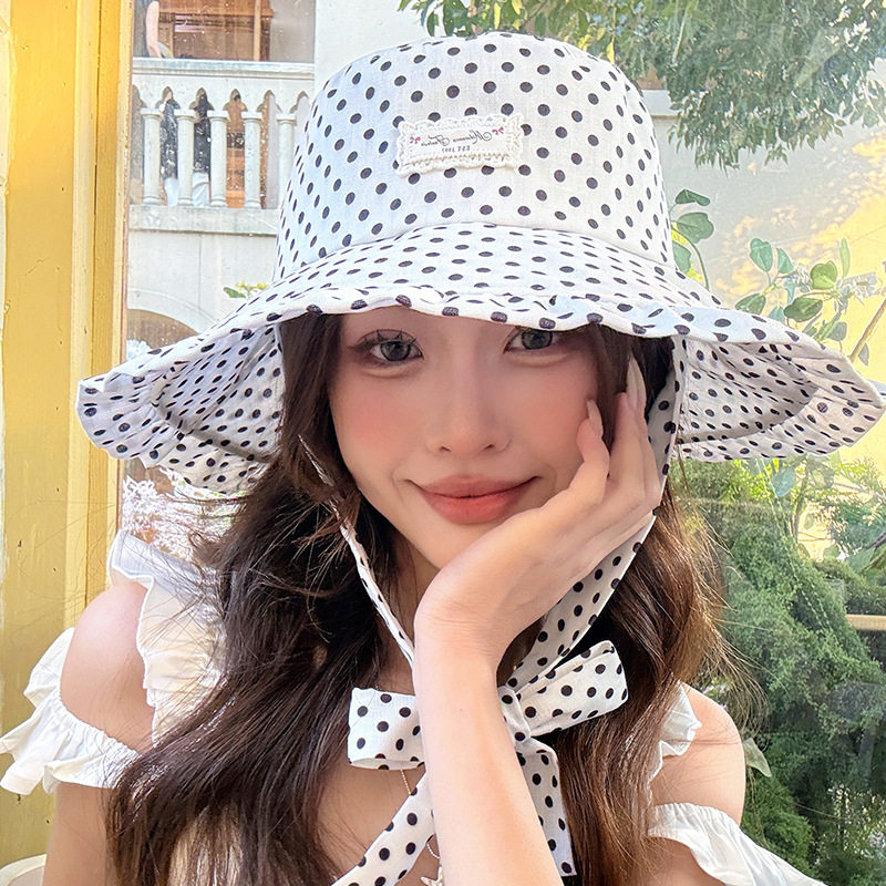 日系波点大檐渔夫帽子女春夏轻盈遮阳帽可爱显脸小可折叠防晒帽女
