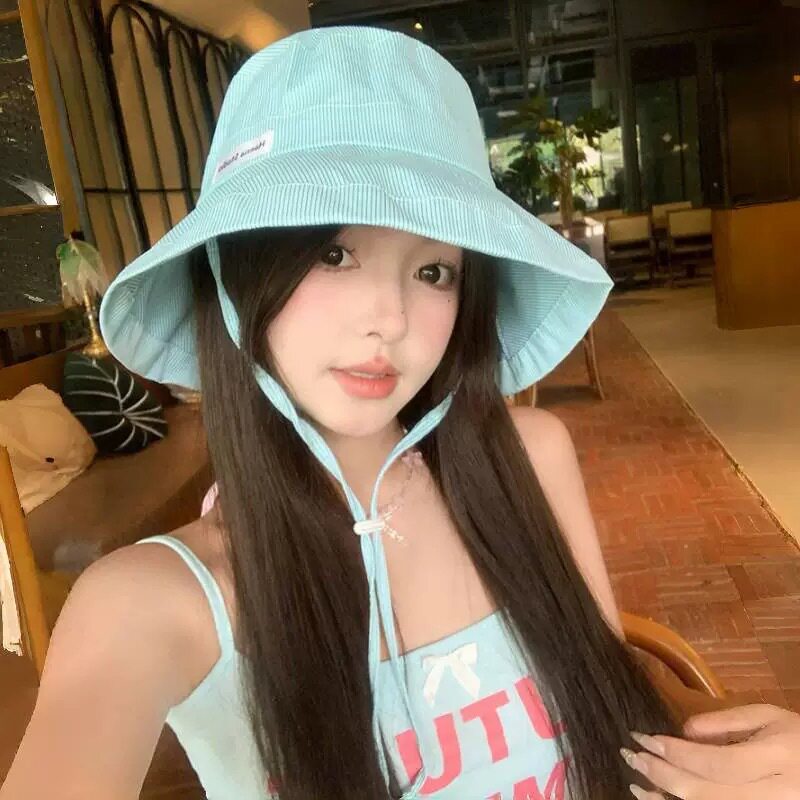 日系清新条纹渔夫帽女夏季2026新款时尚百搭遮阳大头围显脸小盆帽