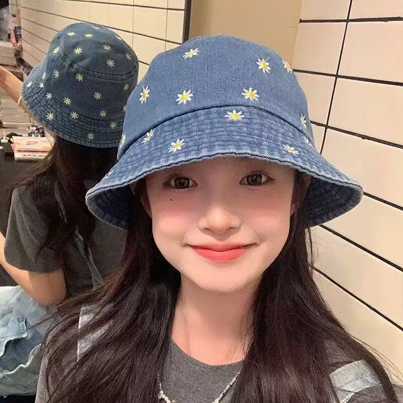 韩版小雏菊刺绣水洗牛仔渔夫帽子女春夏时尚百搭遮阳防晒复古盆帽