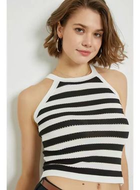 欧外单女士辣妹风挂脖吊带背心遮肚女内搭美背短款条纹上衣24088