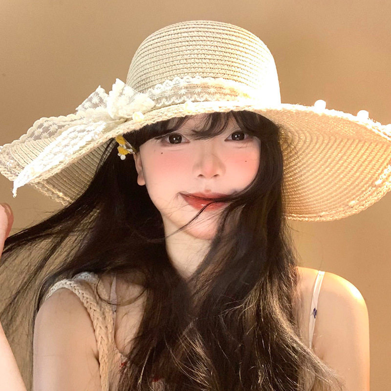 法式珍珠蕾丝系带草帽女夏季大帽檐海边度假蝴蝶结太阳帽防晒帽子
