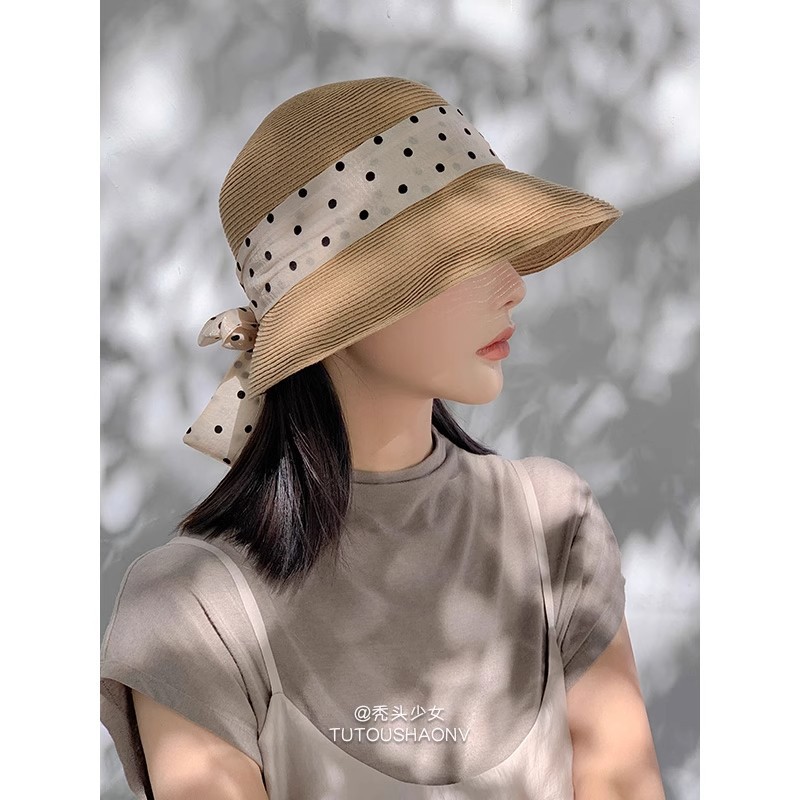 法式优雅卷边草帽女夏季户外出游波点蝴蝶结飘带百搭宽帽檐防晒帽