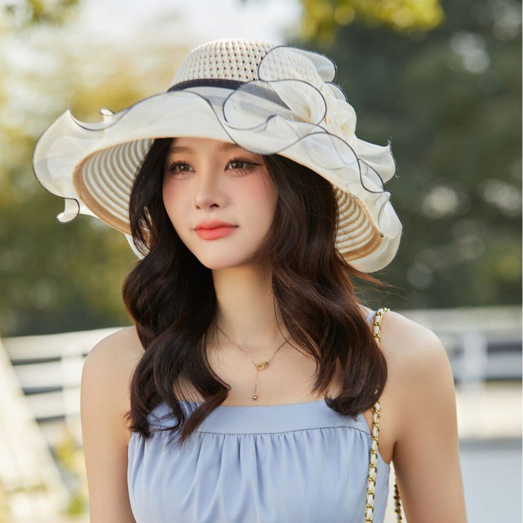 女夏天时尚遮阳防晒太阳帽子出游透气花朵欧根纱大沿荷叶边沙滩帽