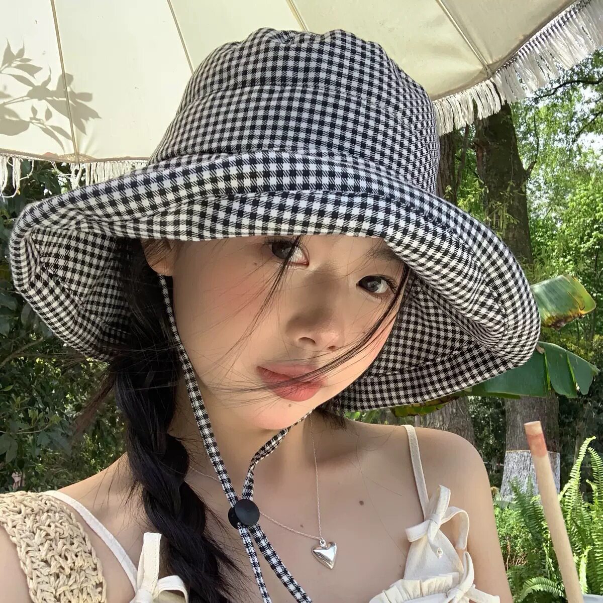 春夏季韩系ins格子大帽檐渔夫帽女韩版遮脸防紫外线防晒遮阳帽子