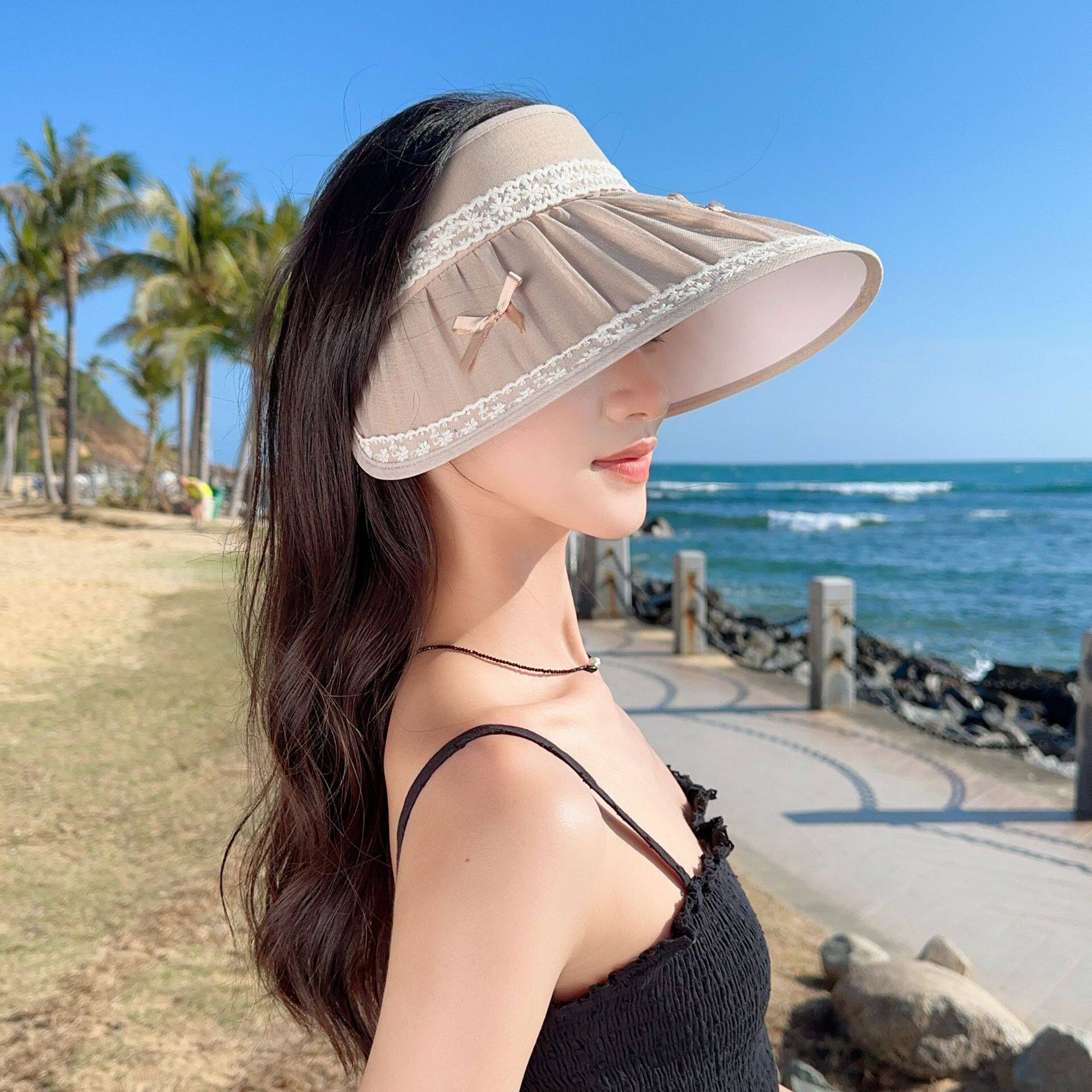 防紫外线空顶帽子女夏季小香风大帽檐遮阳盆帽海边度假出游太阳帽