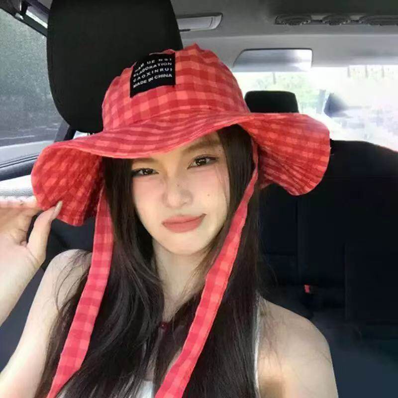 泰国网红博主同款遮阳格子渔夫帽出游宽边系带双面夏季防晒渔夫帽
