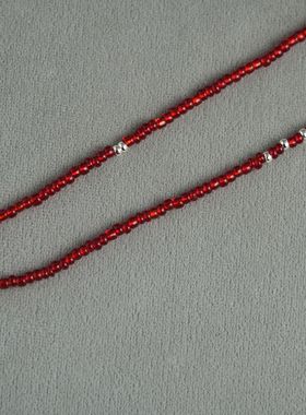 新年新款红色串珠项链轻奢复古简约小众手工本命年银色小水滴项链