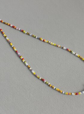 25年新款彩色串珠项链夏季小清新波西米亚风小众多巴胺串珠锁骨链