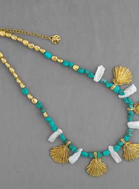 贝壳系列扇贝项链 复古简约小众巴洛克珍珠蓝松石贝壳串珠锁骨链