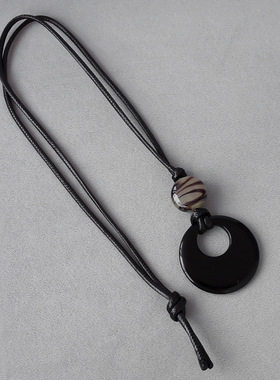 琉璃圆环吊坠 新中式简约高级感黑绳长款毛衣链平安扣吊坠项链