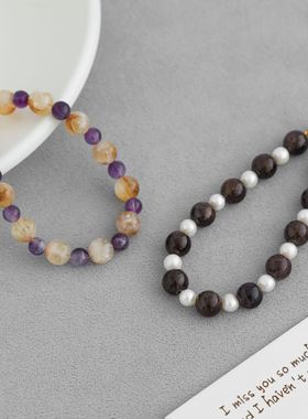 WAV*家浮波点金紫水晶手链新中式简约石榴石淡水珍珠磁吸串珠