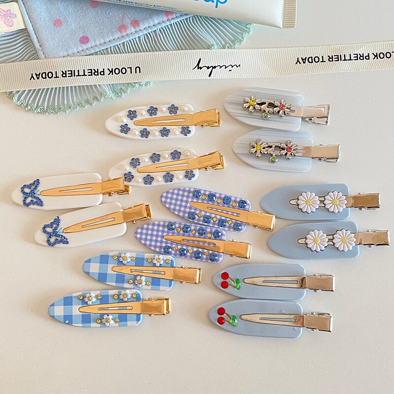 法式清新洋气蓝色格纹彩钻无痕发夹女甜美百搭碎发夹刘海夹边夹春
