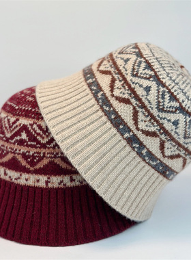 秋冬复古提花大头围盆帽女素颜羊毛针织渔夫帽保暖百搭户外防寒潮