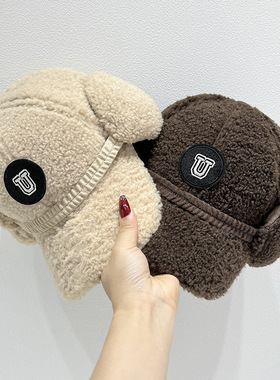 新款羊羔毛棒球帽女冬季加厚保暖护耳帽百搭刺绣U字母毛绒鸭舌帽