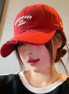 复古字母刺绣红色棒球帽女韩系百搭显脸小帽子宽檐大头围鸭舌帽