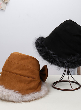2025新款时尚纯色简约气质感蝴蝶结毛绒帽大头围显脸小保暖盆帽