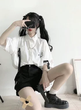 单/套装新款宽松时尚短袖衬衫+阔腿工装短裤BF风夏季套装学生装女