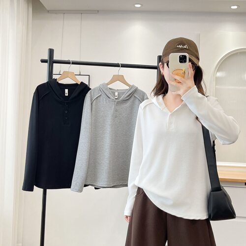 正肩t恤女大码200斤2026新款胖妹妹显瘦遮肚子长袖连帽打底衫7321