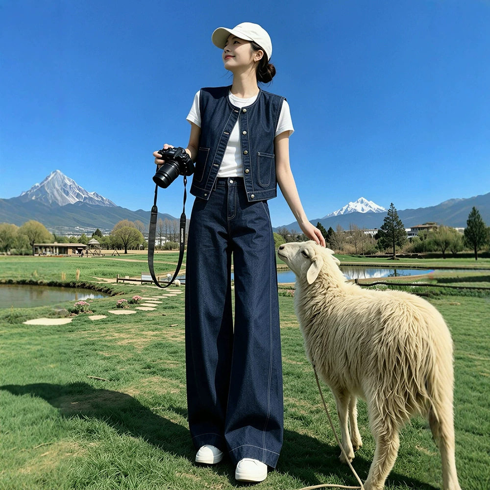 时尚穿搭牛仔套装女夏季气质修身显瘦感t恤马甲阔腿裤三件套