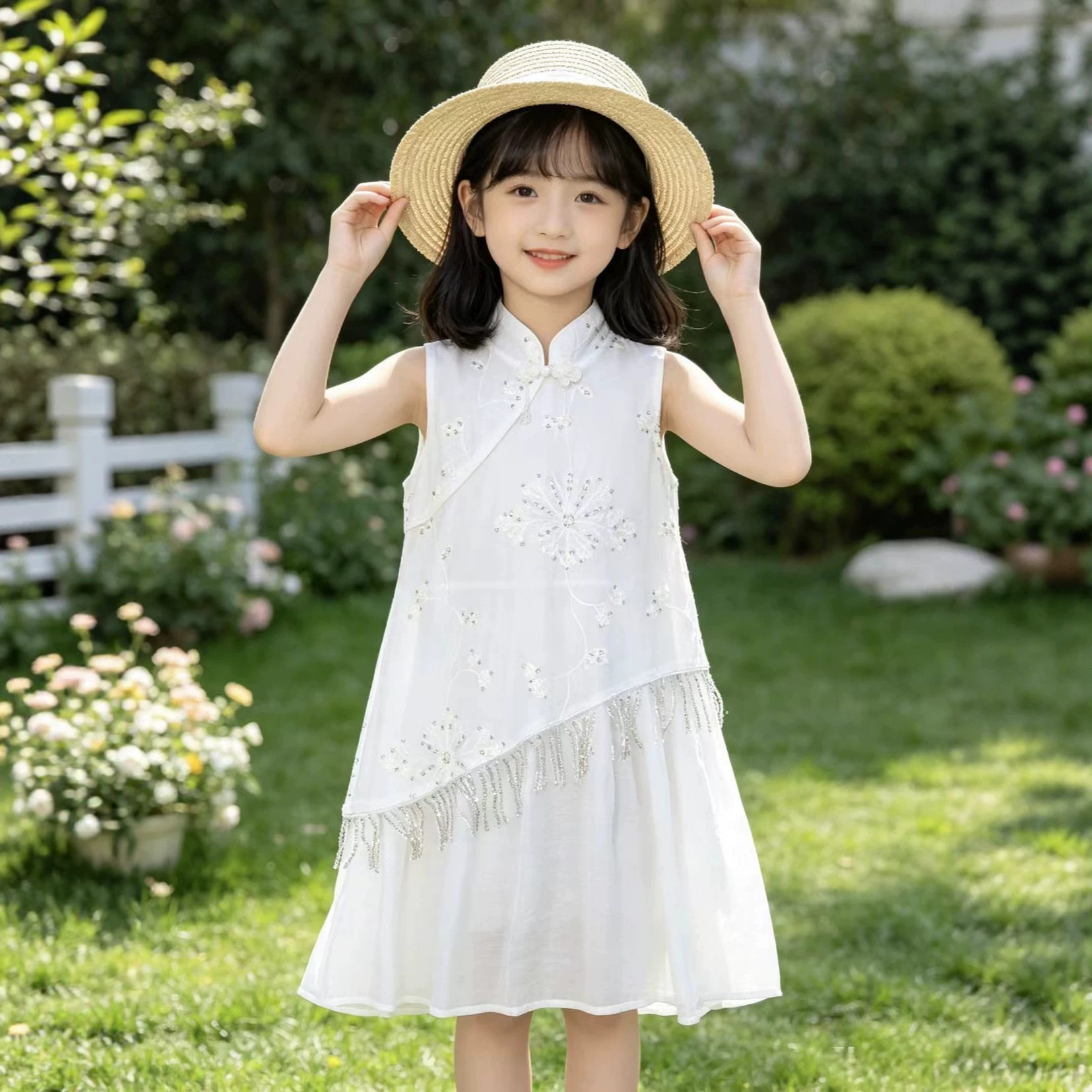 女童新中式无袖旗袍连衣裙夏季儿童国风白色流苏公主裙立领连衣裙