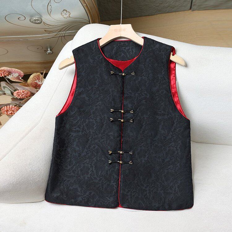 新中式国风提花马甲2026年春季新款圆领盘扣坎肩马夹女百搭背心女
