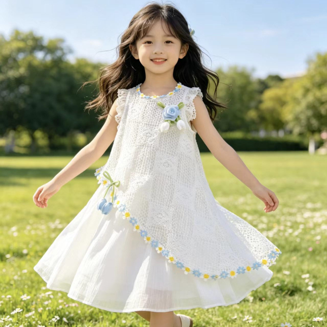 女童连衣裙夏季小清新蕾丝公主裙中小童花朵装饰女童洋气连衣裙