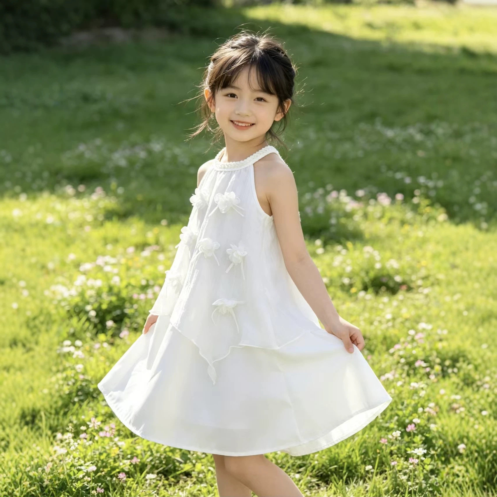 女童白色挂脖立体花朵连衣裙2026夏款儿童无袖A字裙中小童连衣裙