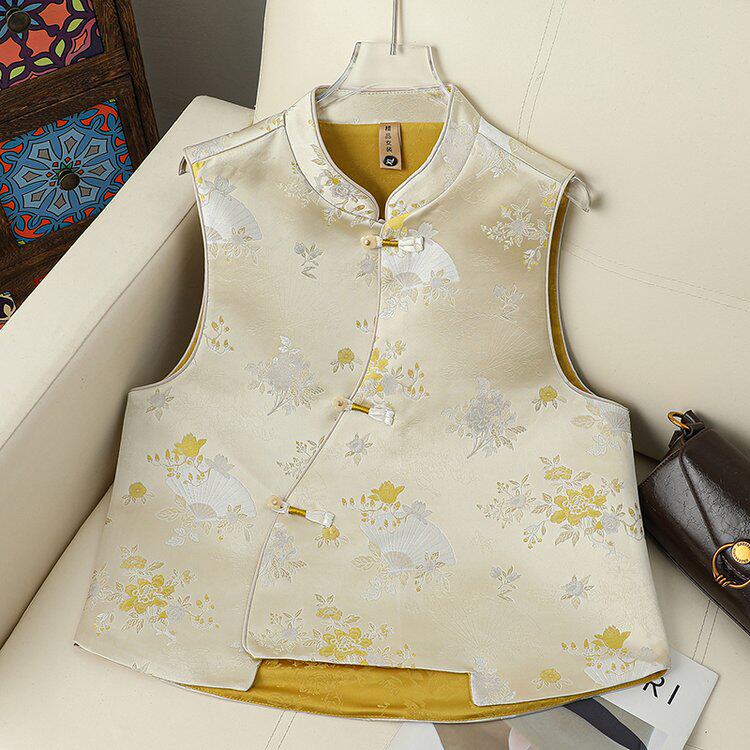 常规开衫新中式风格重工绣花马甲女立领盘扣提花坎肩外搭无袖上衣