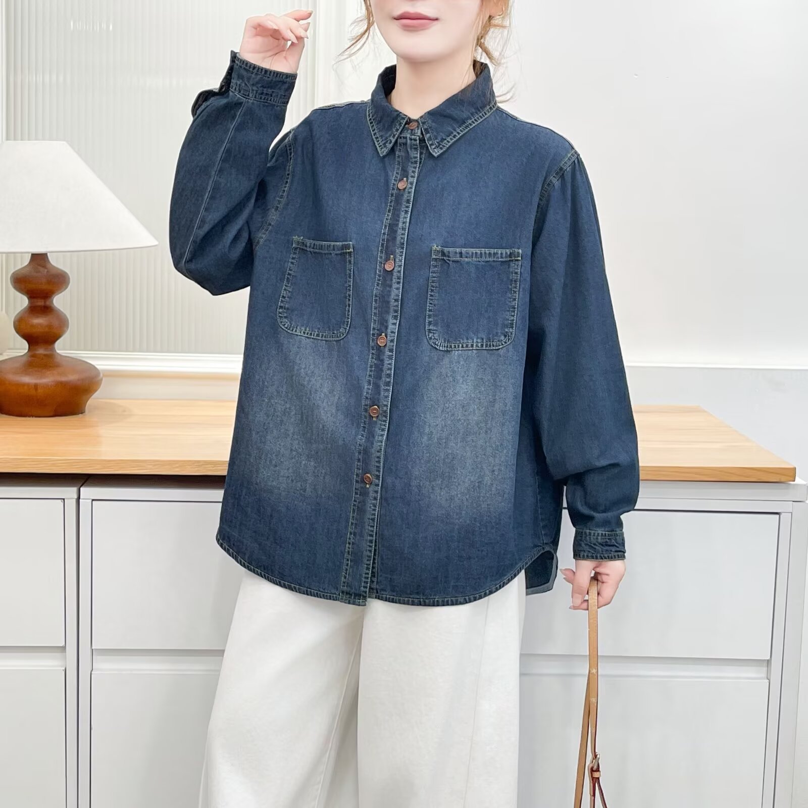 大码秋装复古牛仔衬衫女长袖宽松叠穿外套蓝色休闲外套上衣9924