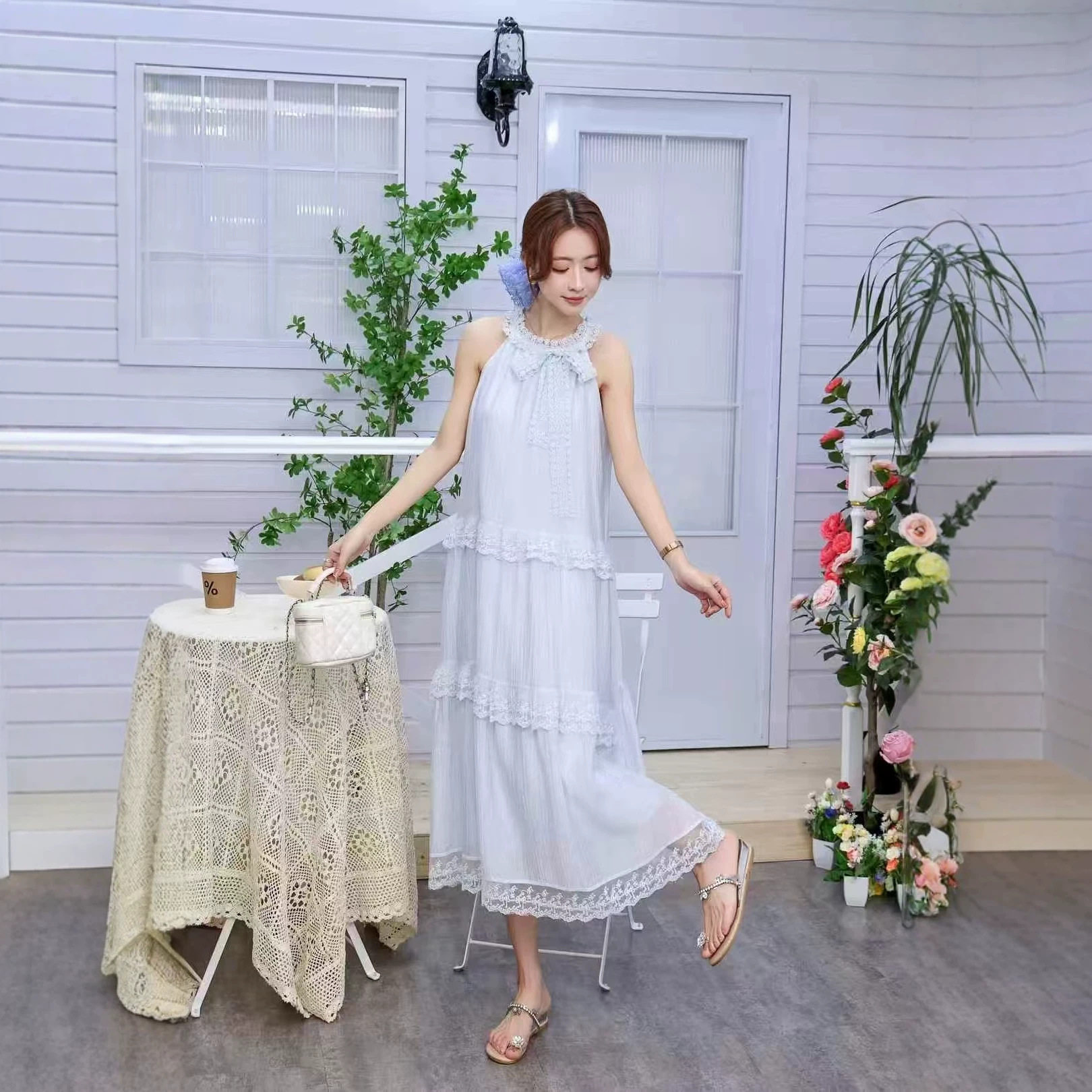 可扎染品质系蝴蝶结清新甜美花边立领吊带白色均码仙气连衣裙新款