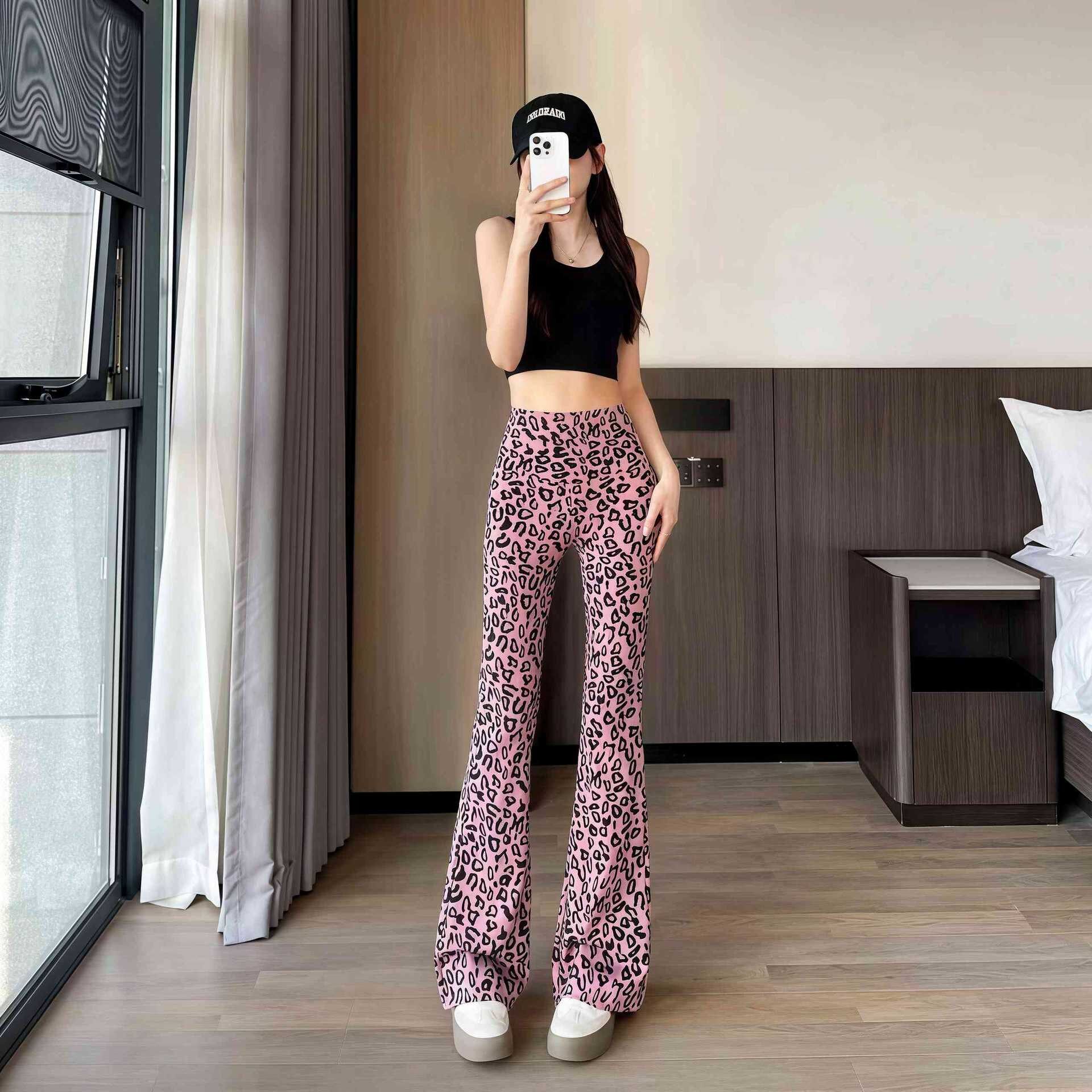 春夏薄款豹纹喇叭裤时尚女高腰印花裤女装高腰显瘦裤子百搭微喇裤