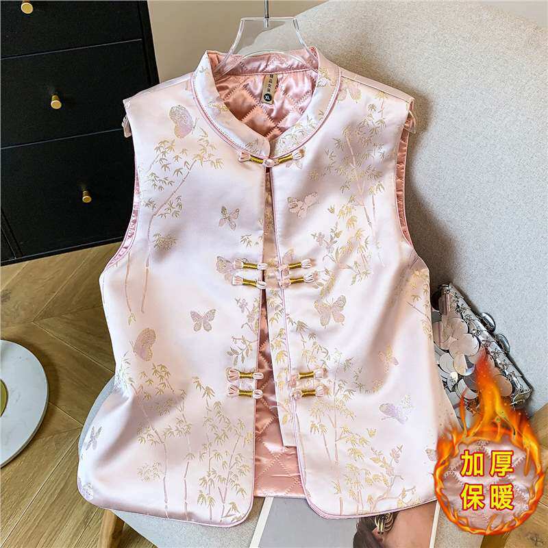 新中式盘扣金竹蝴蝶飞舞百搭背心气质感秋冬女士加厚保暖外套马甲
