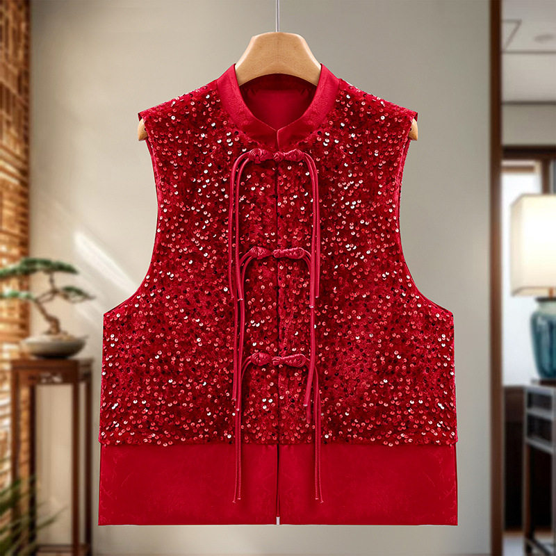 新中式时尚洋气重工流苏亮片马甲春秋立领无袖坎肩外套演