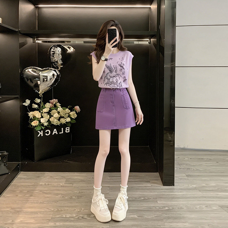 法式螺纹口印花蝙蝠袖针织上衣女夏季百搭港风复古牛仔短裙两件套