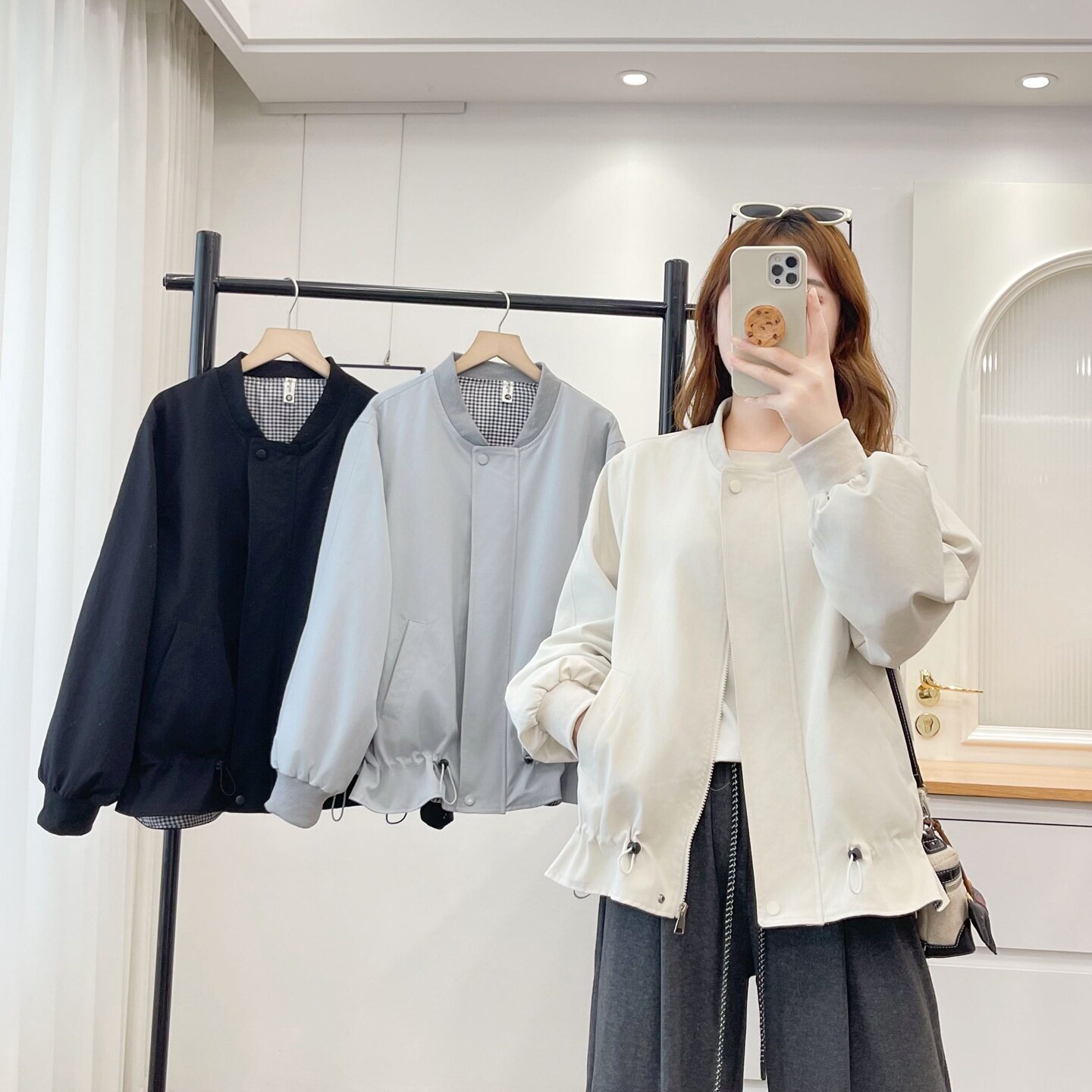 胖mm秋季立领外套2026新款大码女装时尚宽松休闲下摆抽绳花苞上衣