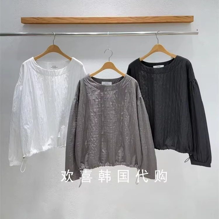 韩国东大门2025秋季新品INTRO气质纯色褶皱纹理抽绳宽松长袖衬衫