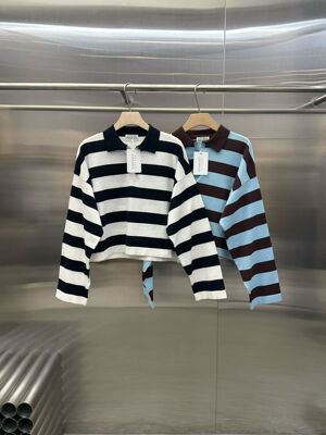 韩国东大门2026春季新品VELVET时尚百搭翻领条纹针织衫