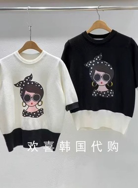 韩国东大门2025秋季新品INTRO创意印花宽松圆领拼色休闲针织衫