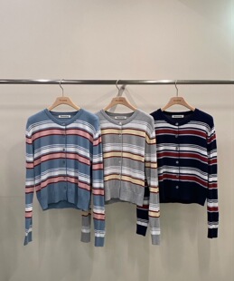 韩国东大门代购2026春新款 Remaking圆领系扣条纹毛衣针织衫开衫