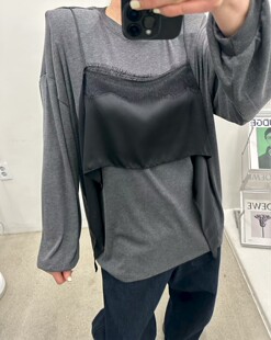 韩国东大门代购2026春新品hertz 时尚垫肩吊带假二件宽松长袖T恤